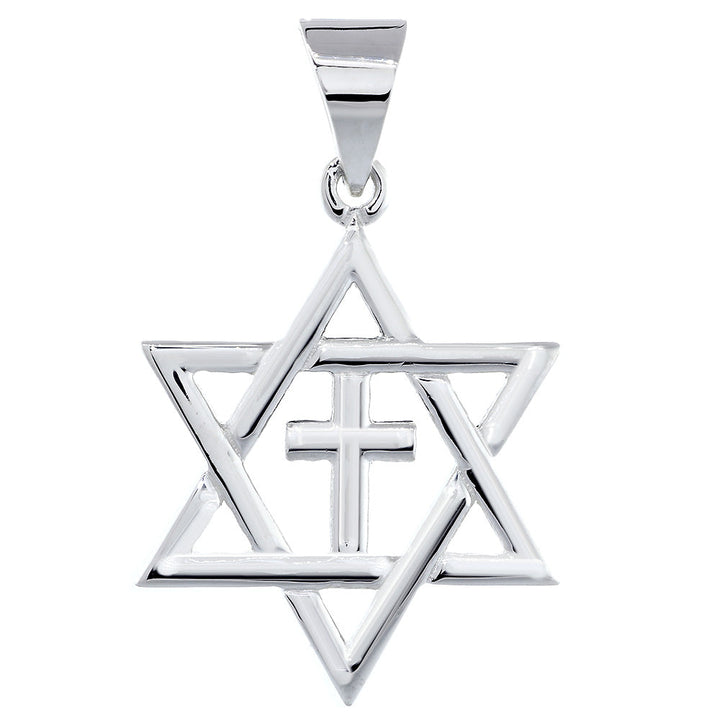 Large Messianic Star of David with Cross Charm in 14k White Gold