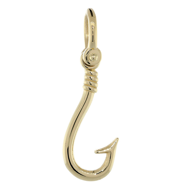 31mm Fishermans Barbed Hook and Knot Fishing Charm in 14k Yellow Gold