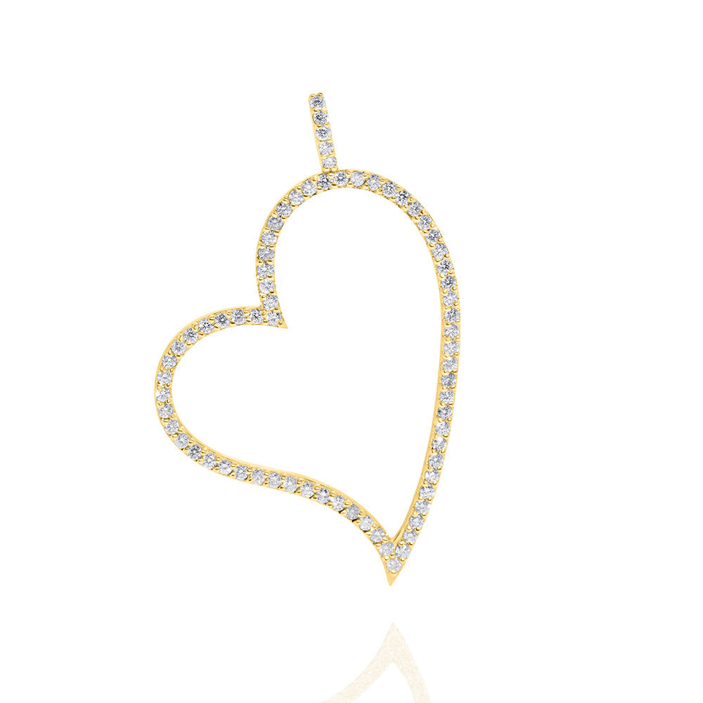 Open Diamond Angled Heart Pendant- Charm with Bail, 14K Yellow Gold