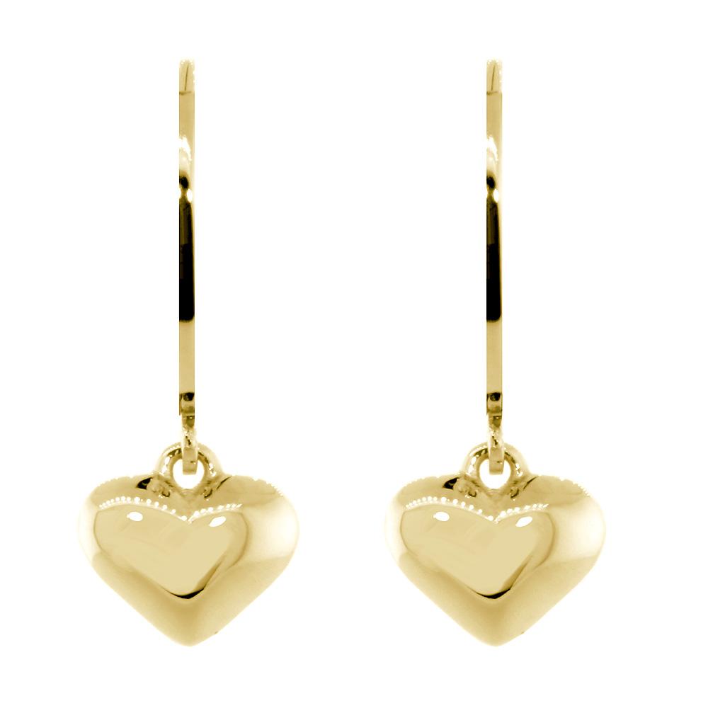 Dangling Puffed Heart Charm Earrings in 14K Yellow Gold