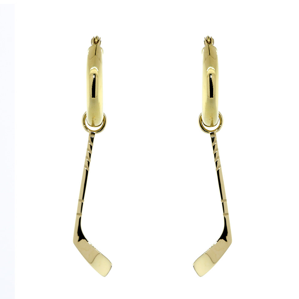 25mm Ice Hockey Stick Charm and Hoop Earrings in 14k Yellow Gold