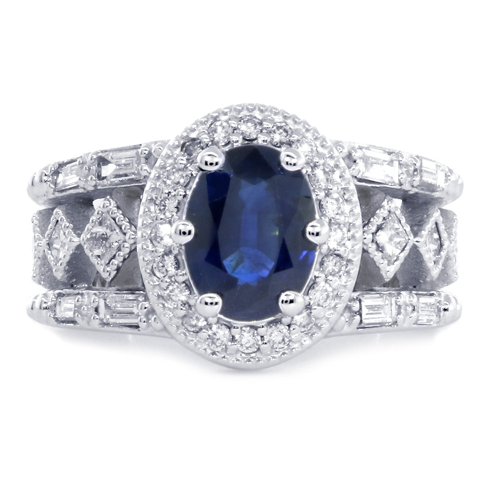 Vintage Style Oval Blue Sapphire and Diamond Halo Engagement Ring Setting, 0.82CT Diamonds in 14k White Gold