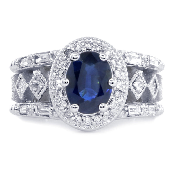 Vintage Style Oval Blue Sapphire and Diamond Halo Engagement Ring Setting, 0.82CT Diamonds in 14k White Gold