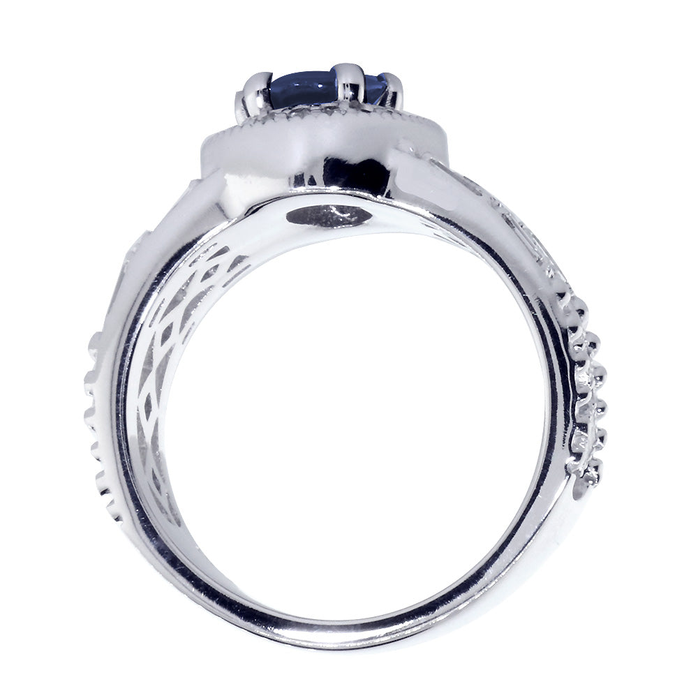 Vintage Style Oval Blue Sapphire and Diamond Halo Engagement Ring Setting, 0.82CT Diamonds in 14k White Gold