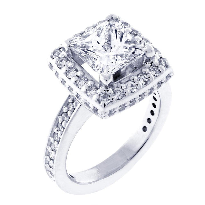 Halo Engagement Ring Setting for a Princess Cut Diamond, 0.86CT Sides in 14k White Gold