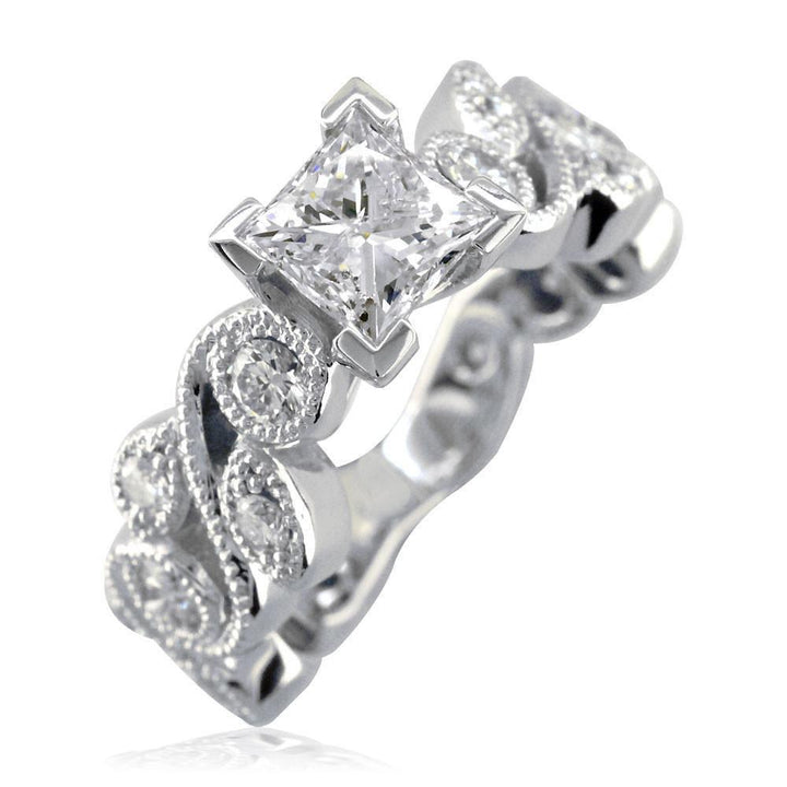 Princess Cut Diamond Engagement Ring Setting, 1.00CT Sides in 14K White Gold