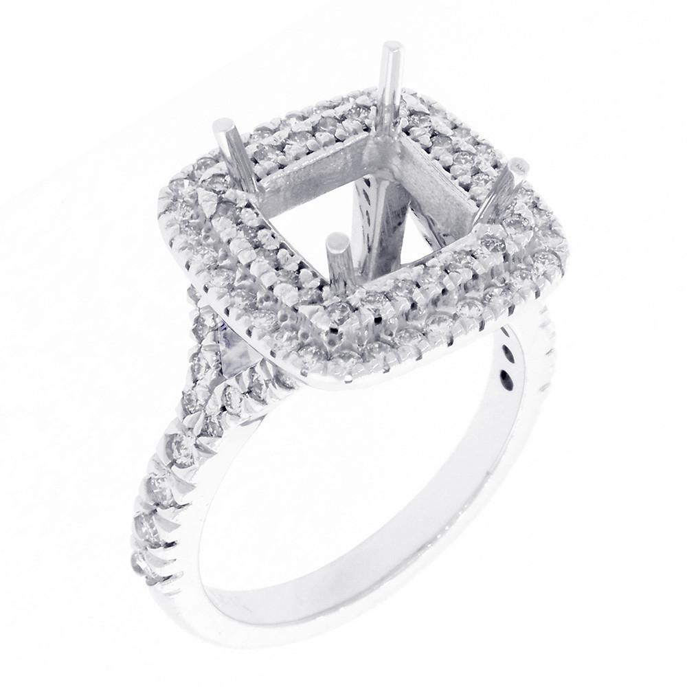 Halo Engagement Ring Setting for a Princess Cut Diamond, 0.75CT Sides in 14k White Gold