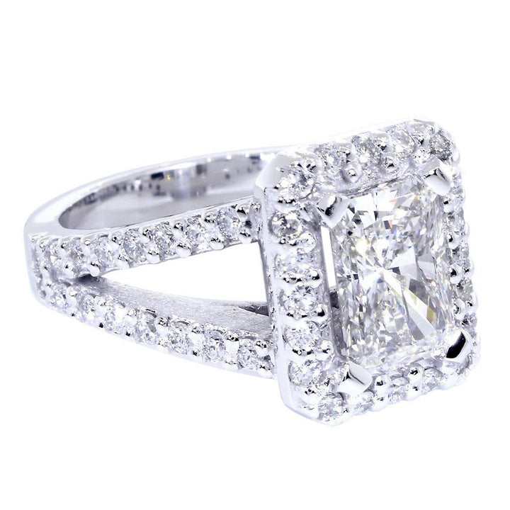 Halo Engagement Ring Setting for a Radiant or Emerald Cut Diamond, 1.0CT Sides in 14k White Gold