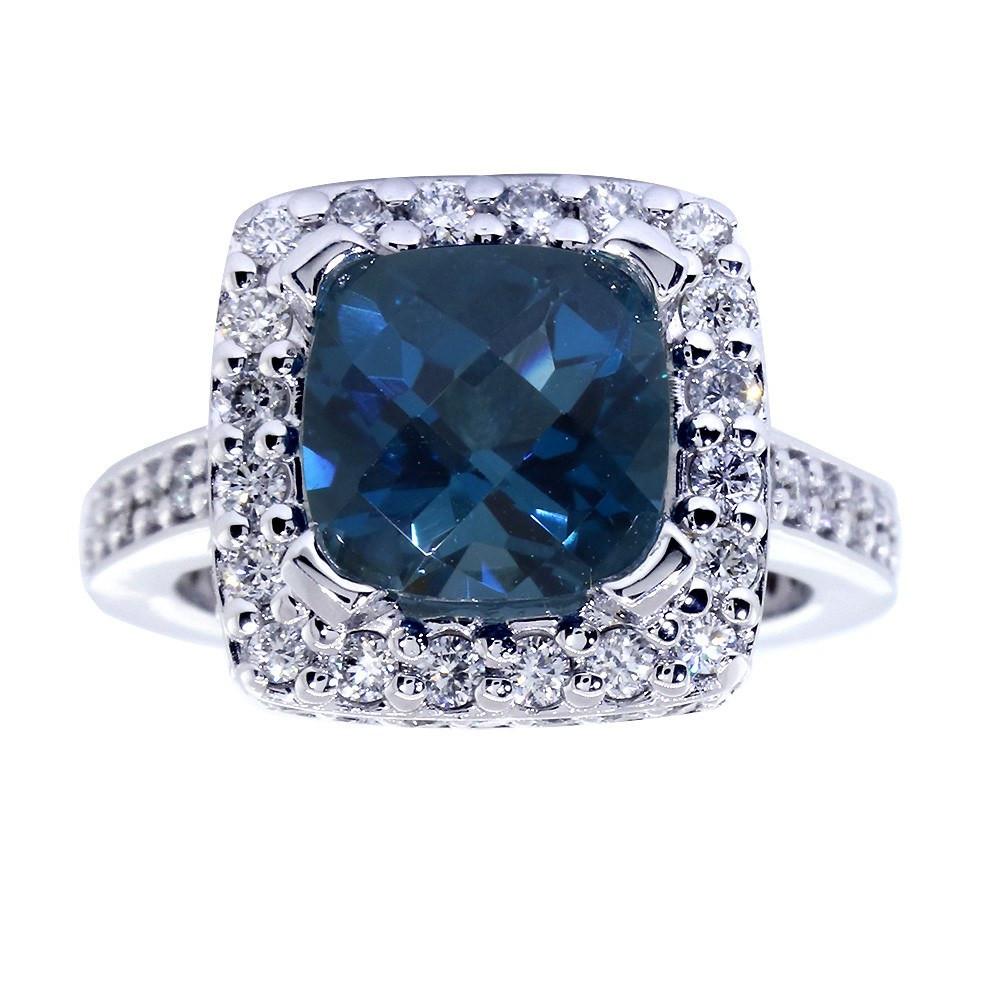 Blue Topaz and Diamond Halo Engagement Ring Setting, 0.91CT Diamonds in 14k White Gold