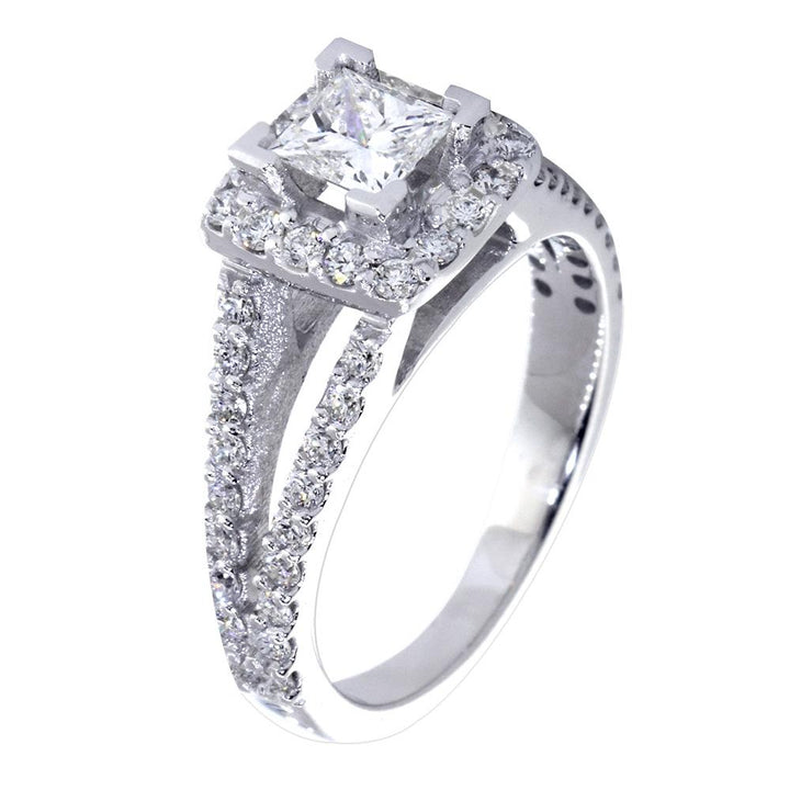 Halo Engagement Ring Setting for a Princess Cut Diamond, 0.70CT Total Sides in 14k White Gold