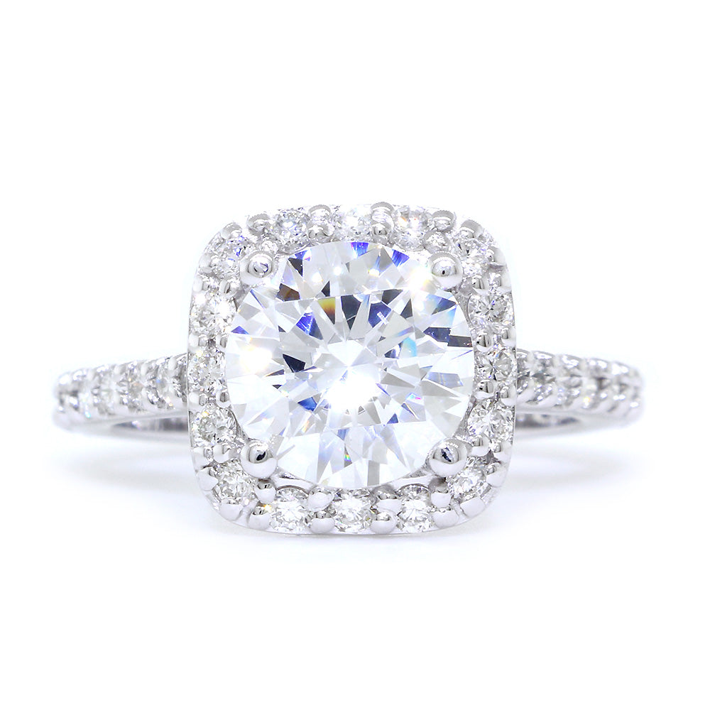 Cushion Halo 1.90CT Round Center Diamond Engagement Ring Setting, 0.79CT Total Sides in 14k White Gold