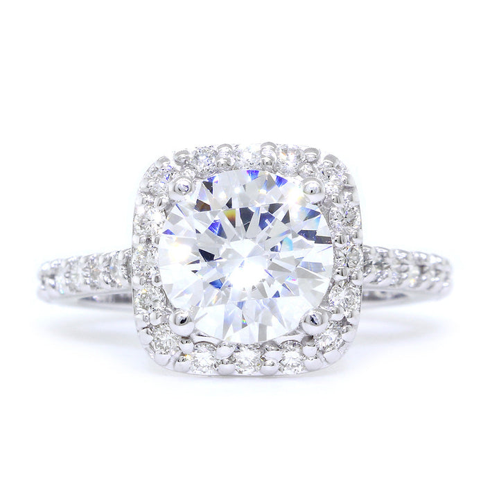 Cushion Halo 1.90CT Round Center Diamond Engagement Ring Setting, 0.79CT Total Sides in 14k White Gold