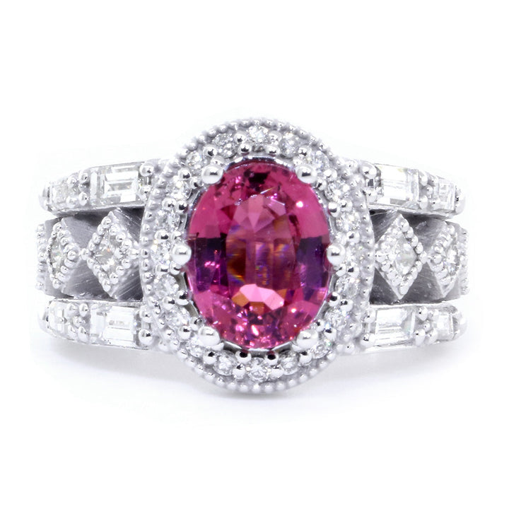 Vintage Style Oval Pink Tourmaline and Diamond Halo Engagement Ring Setting, 1.80CT Diamonds in 14k White Gold