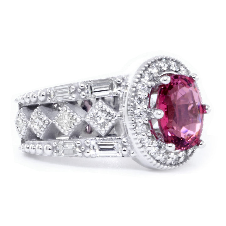 Vintage Style Oval Pink Tourmaline and Diamond Halo Engagement Ring Setting, 1.80CT Diamonds in 14k White Gold