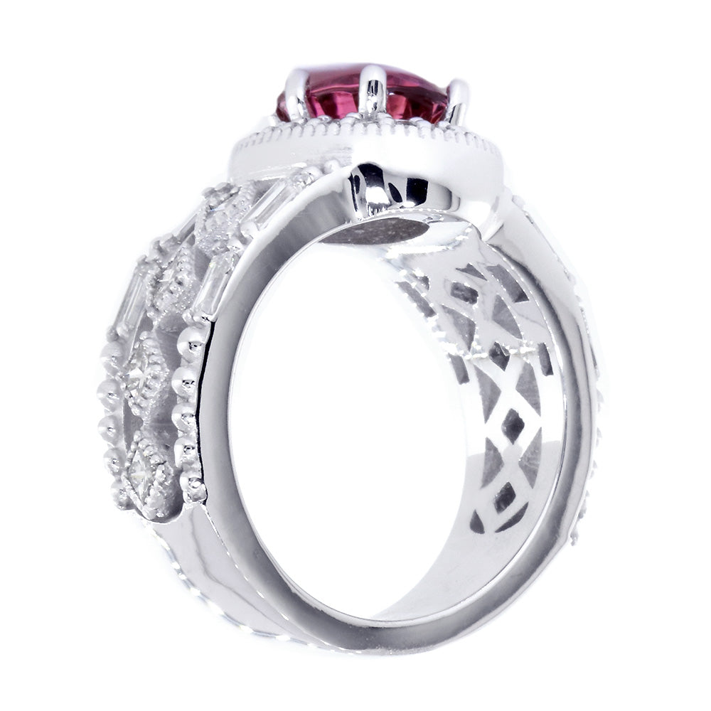 Vintage Style Oval Pink Tourmaline and Diamond Halo Engagement Ring Setting, 1.80CT Diamonds in 14k White Gold