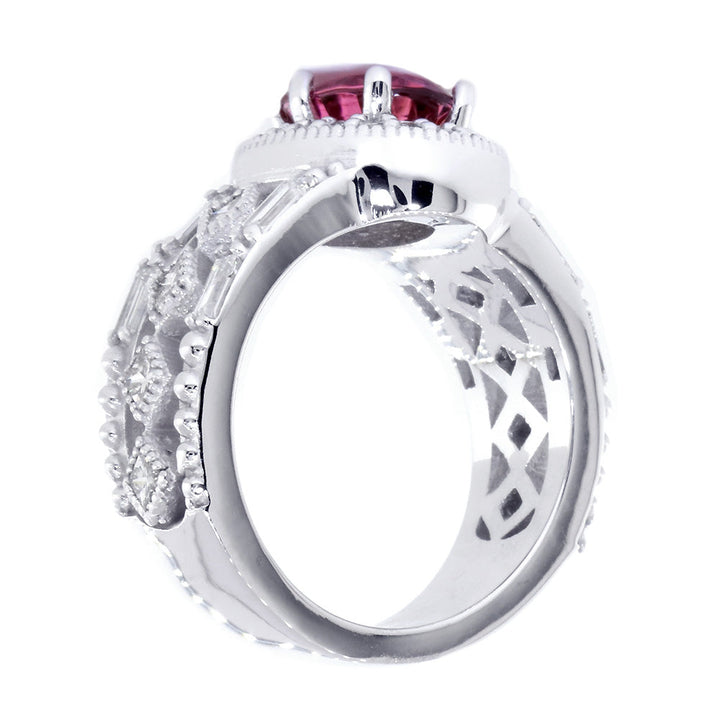 Vintage Style Oval Pink Tourmaline and Diamond Halo Engagement Ring Setting, 1.80CT Diamonds in 14k White Gold