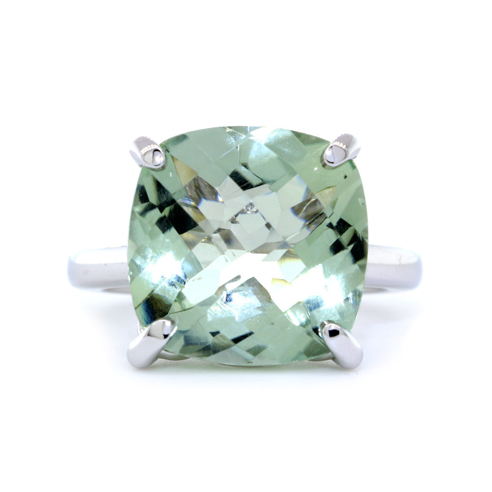 Cushion Cut Green Quartz Ring Solitarie Ring, 9.67CT in 14K White Gold