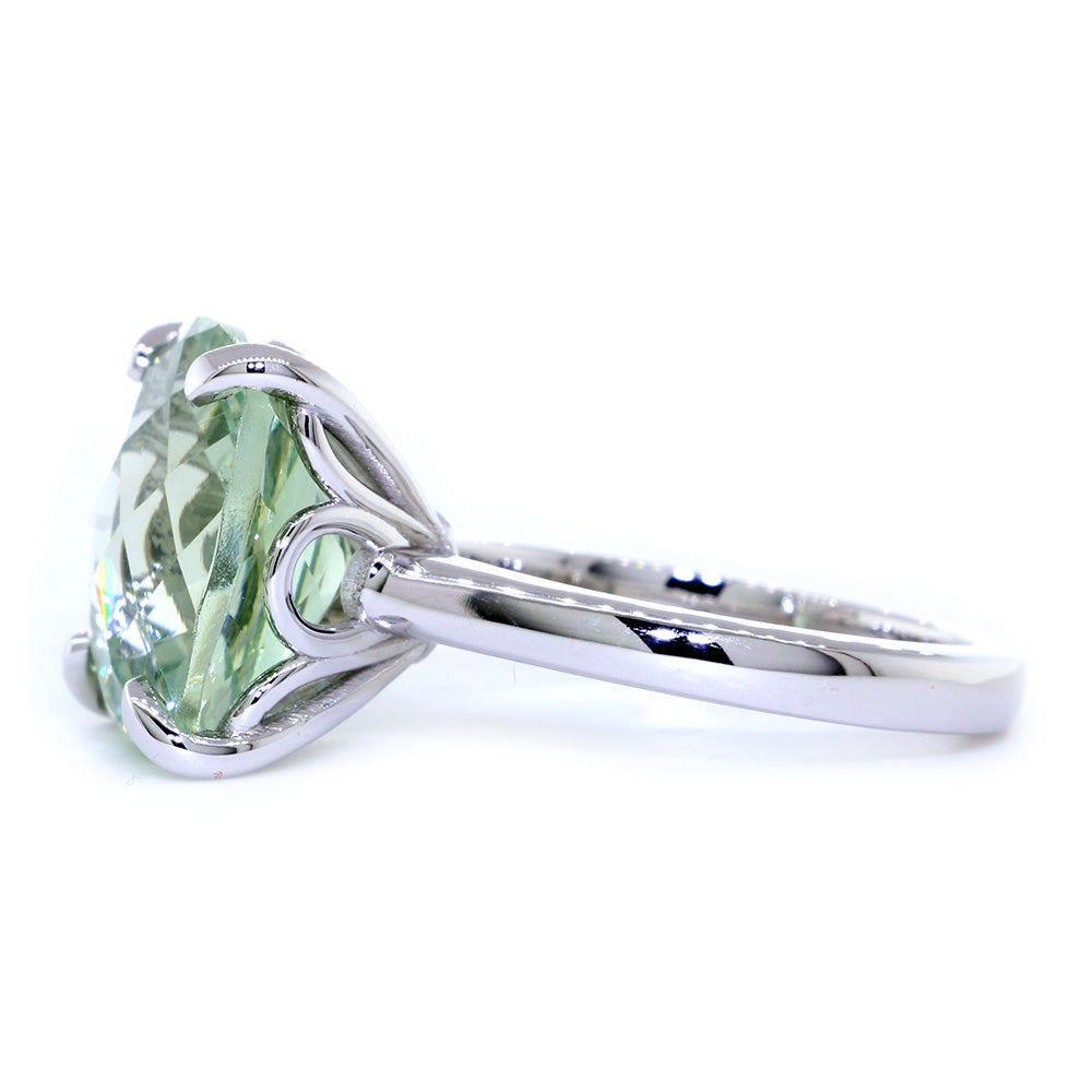 Cushion Cut Green Quartz Ring Solitarie Ring, 9.67CT in 14K White Gold