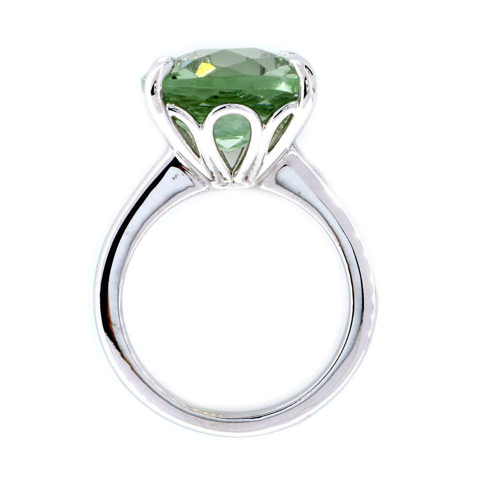 Cushion Cut Green Quartz Ring Solitarie Ring, 9.67CT in 14K White Gold