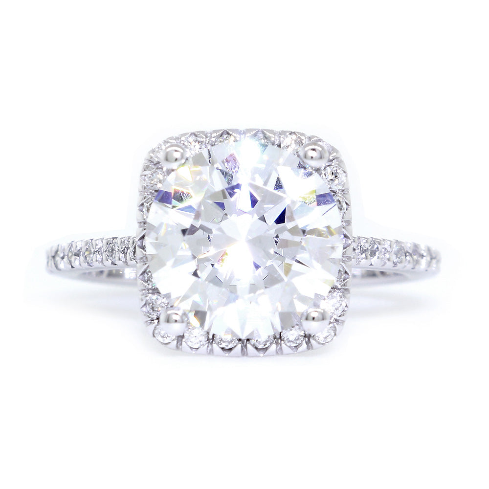 Cushion Halo 2.75CT Round Center Diamond Engagement Ring Setting, 0.43CT Total Sides in 14k White Gold