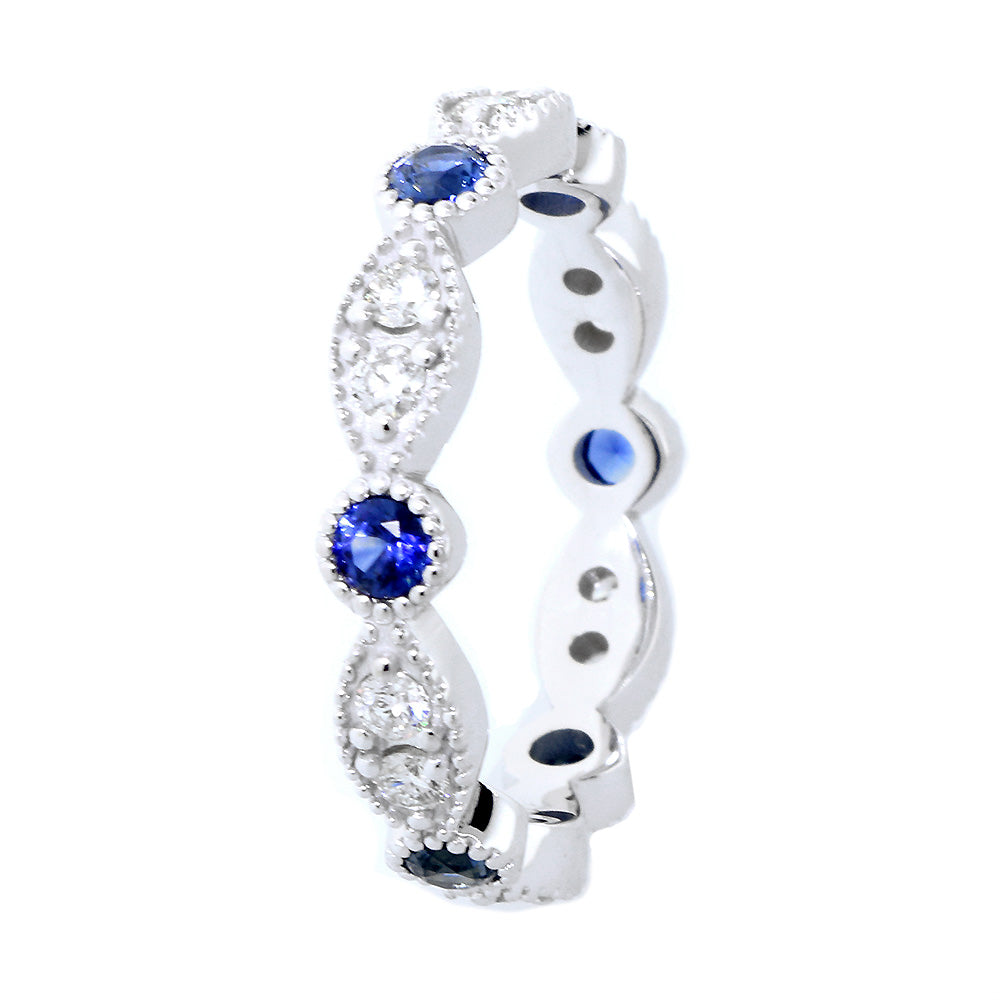 Eternity Band with Round Blue Sapphires and Diamonds, 1.1CT Total in 14K White Gold