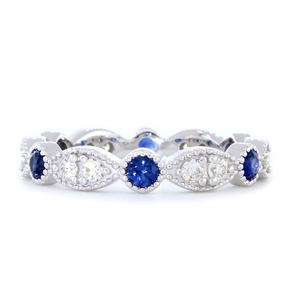 Eternity Band with Round Blue Sapphires and Diamonds, 1.1CT Total in 14K White Gold