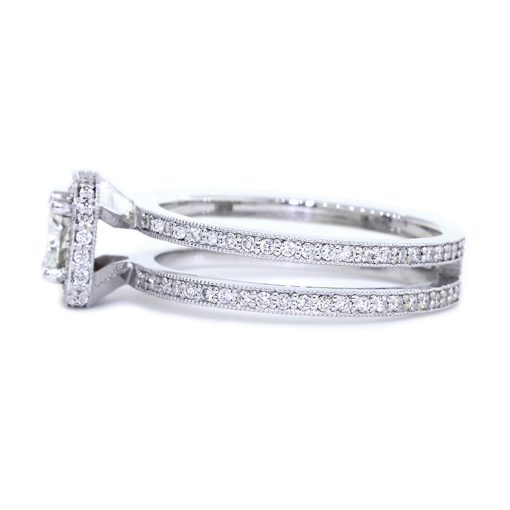 Split Band Halo Engagement Ring Setting for a Round Diamond, 0.50CT Total Sides in 14k White Gold