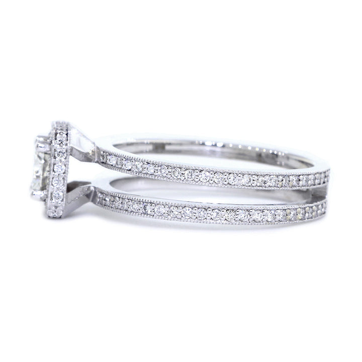 Split Band Halo Engagement Ring Setting for a Round Diamond, 0.50CT Total Sides in 14k White Gold