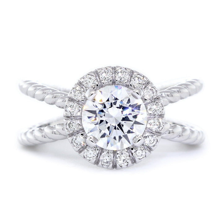 Diamond Halo Engagement Ring Setting with Crossover Rope Twist Band, 0.22CT Total Sides in 14k White Gold
