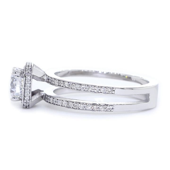 Split Band Halo Engagement Ring Setting for a 6mm Round Diamond, 0.50CT Total Sides in 14k White Gold