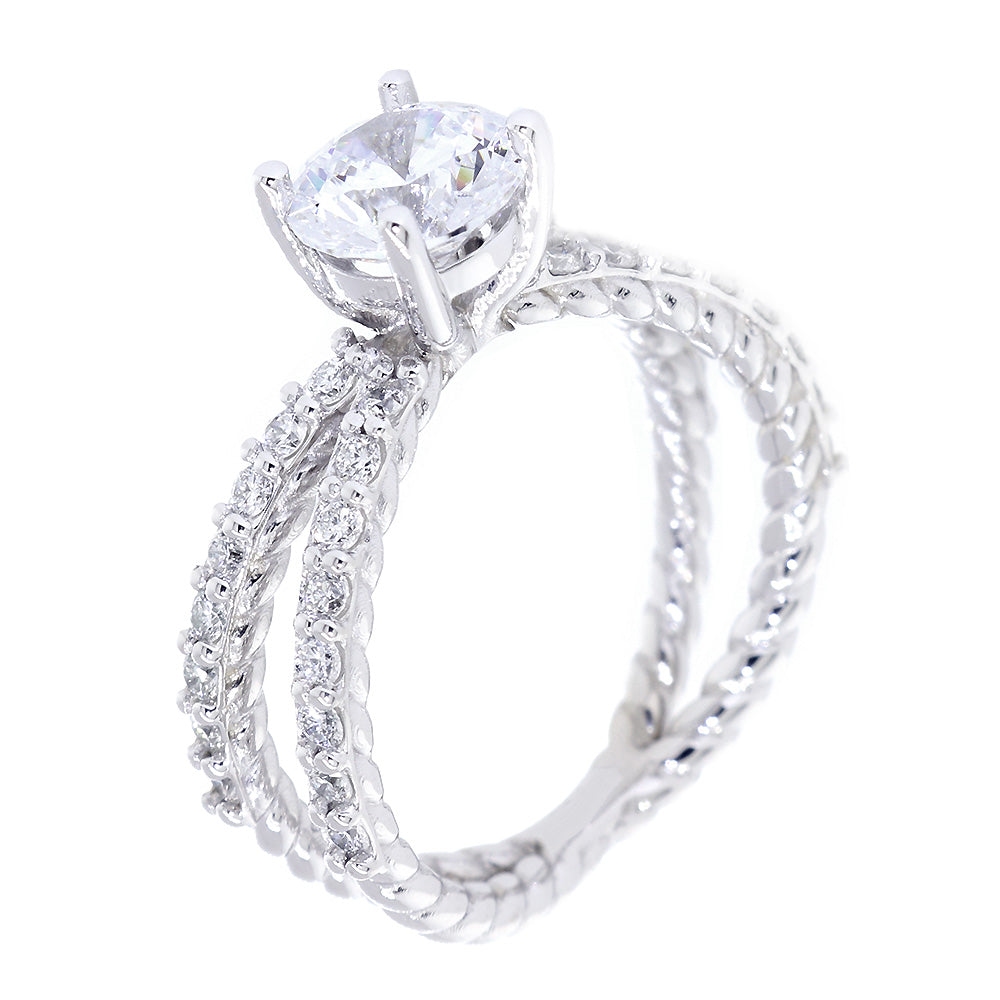 Twist Rope Crossover Engagement Ring Setting for a 1.0CT Round Center, 0.45CT Total Diamond Sides in 14k White Gold