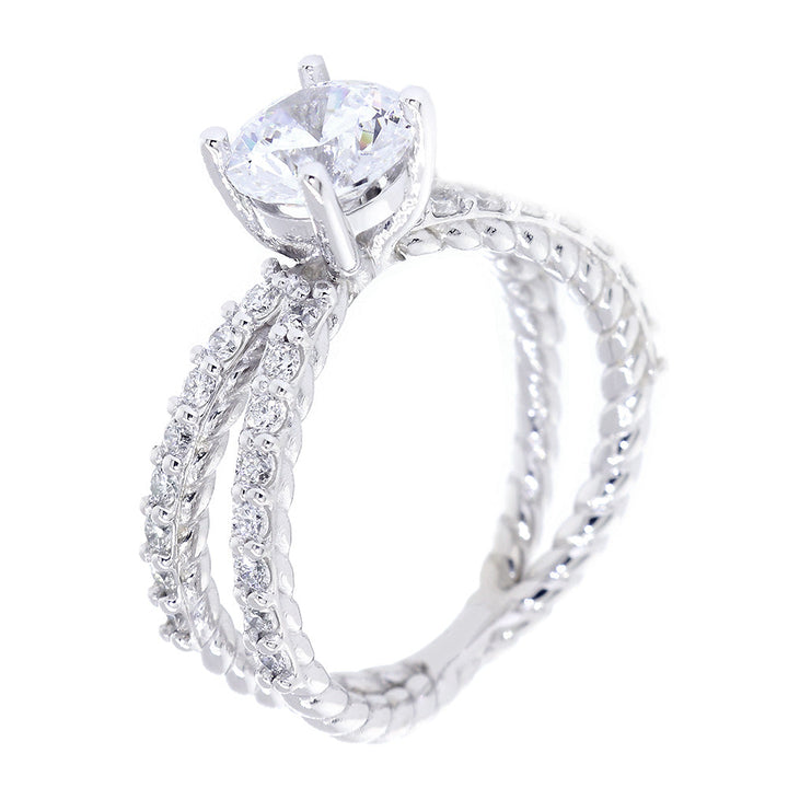Twist Rope Crossover Engagement Ring Setting for a 1.0CT Round Center, 0.45CT Total Diamond Sides in 14k White Gold