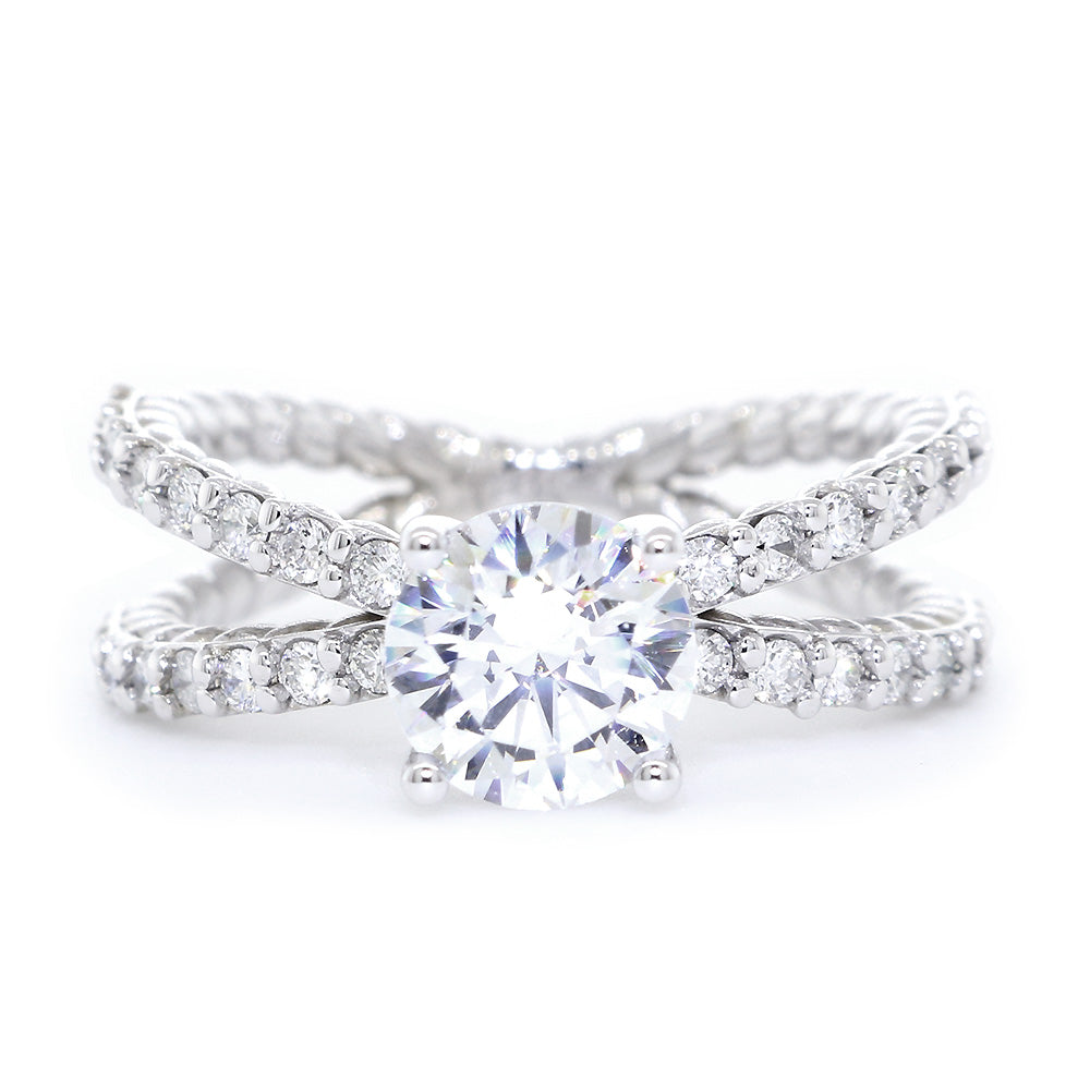 Twist Rope Crossover Engagement Ring Setting for a 1.0CT Round Center, 0.45CT Total Diamond Sides in 14k White Gold