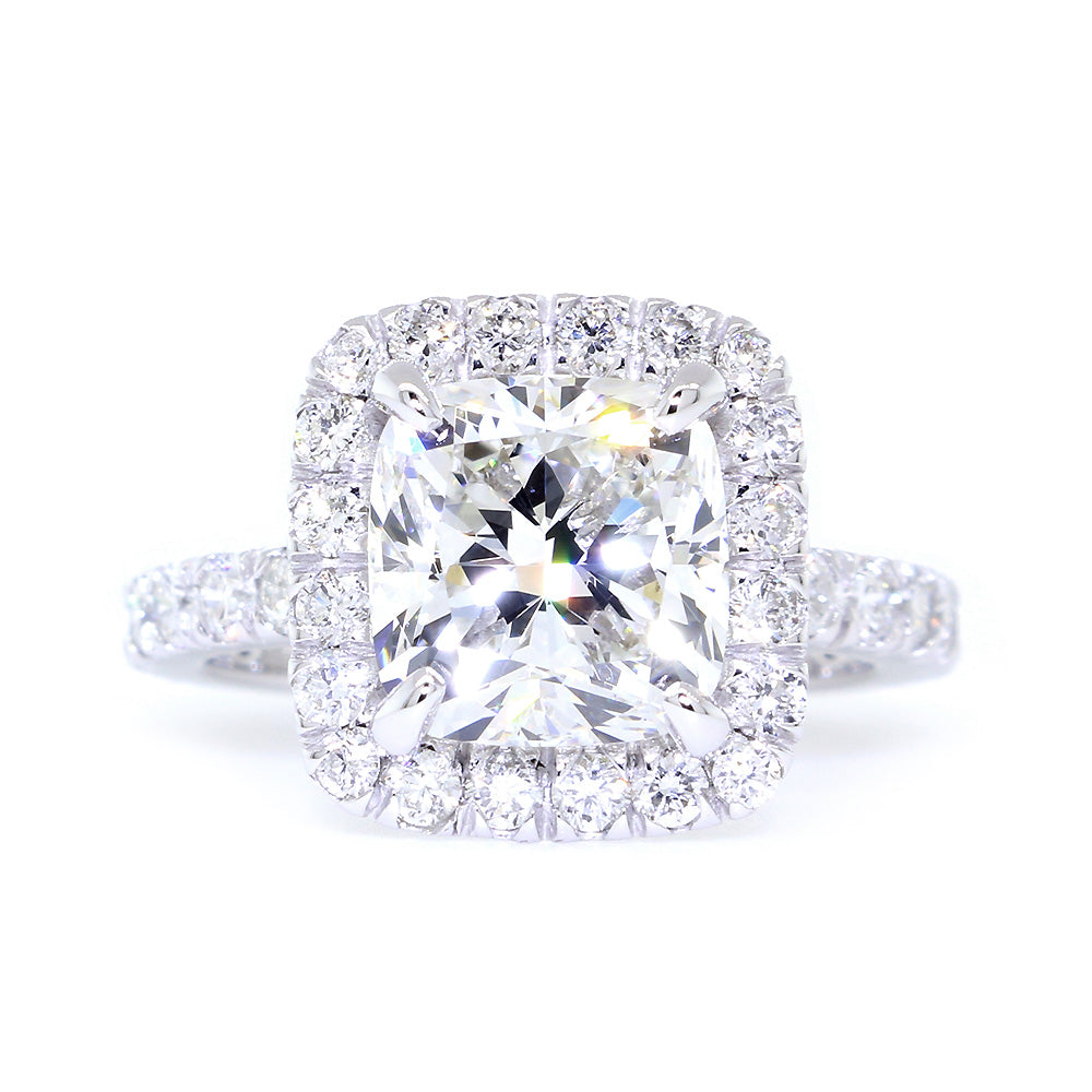 Cushion Halo and 8.5mm Cushion Cut Center Diamond Engagement Ring Setting, 0.87CT Total Sides in 14k White Gold