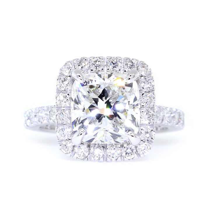 Cushion Halo and 8.5mm Cushion Cut Center Diamond Engagement Ring Setting, 0.87CT Total Sides in 14k White Gold