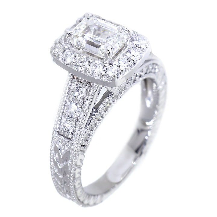 Emerald Cut Diamond Halo Engagement Ring Setting, 1.22CT Sides in 14k White Gold