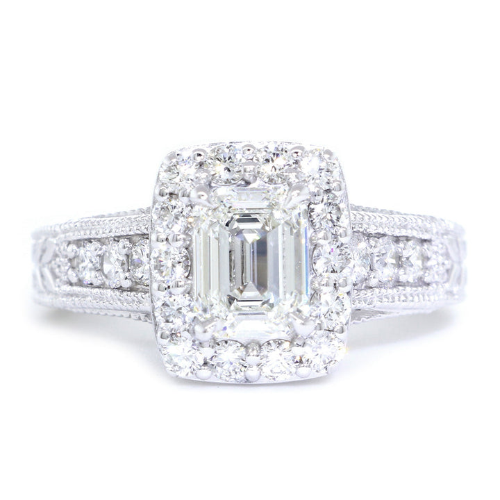 Emerald Cut Diamond Halo Engagement Ring Setting, 1.22CT Sides in 14k White Gold