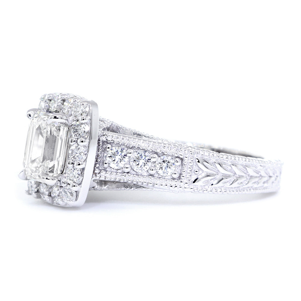 Emerald Cut Diamond Halo Engagement Ring Setting, 1.22CT Sides in 14k White Gold