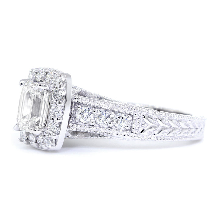 Emerald Cut Diamond Halo Engagement Ring Setting, 1.22CT Sides in 14k White Gold