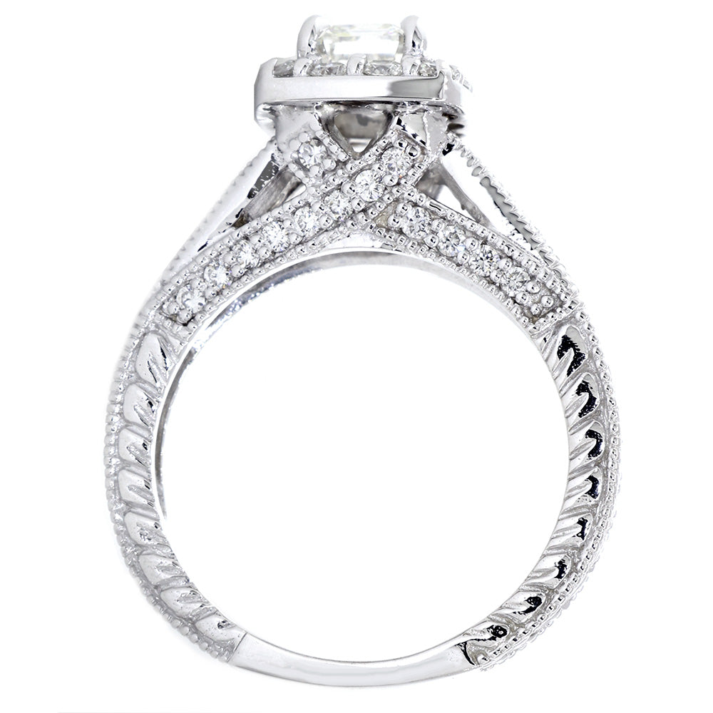 Emerald Cut Diamond Halo Engagement Ring Setting, 1.22CT Sides in 14k White Gold