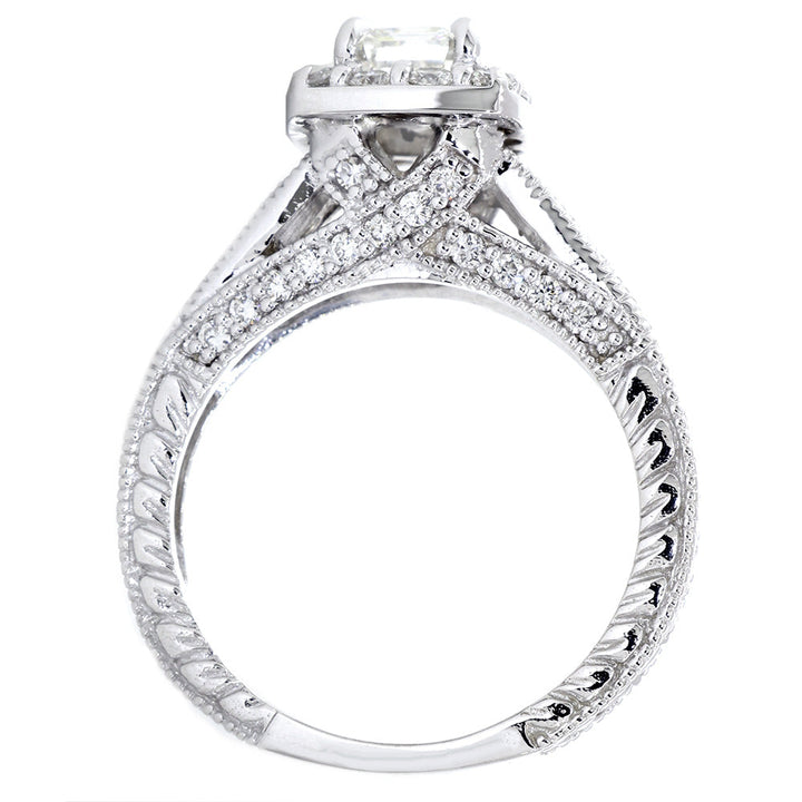 Emerald Cut Diamond Halo Engagement Ring Setting, 1.22CT Sides in 14k White Gold