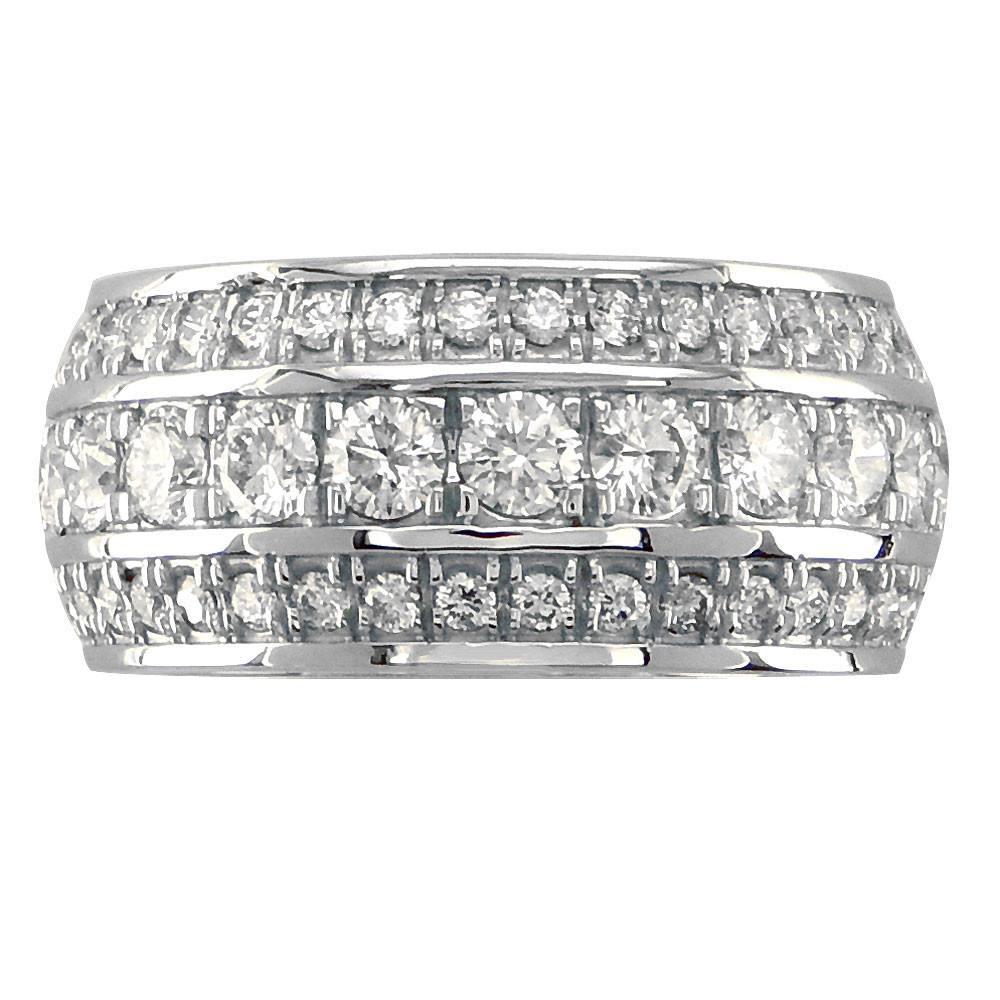 3 Row Mens Wide Diamond Wedding Band in 14k White Gold