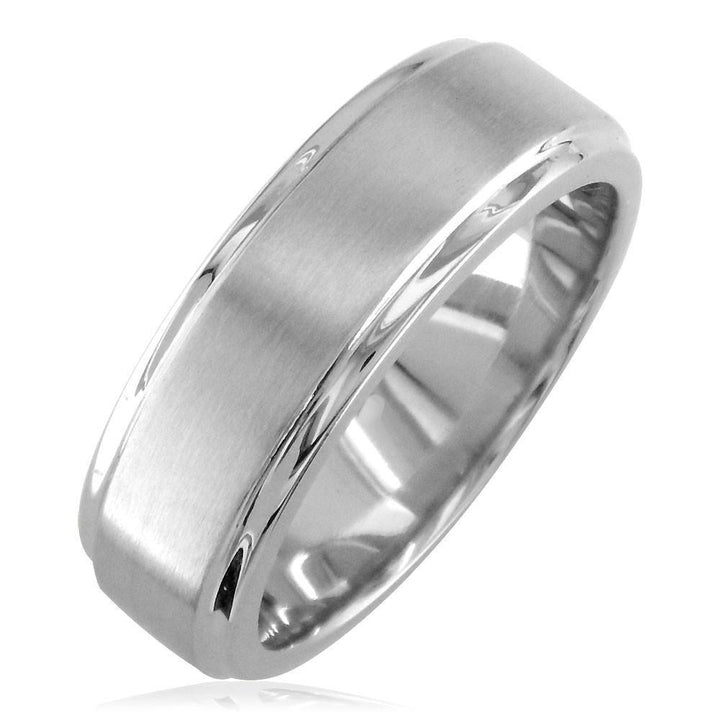 Mens Wedding Band with Satin Polish, 7mm Wide in 14k White Gold