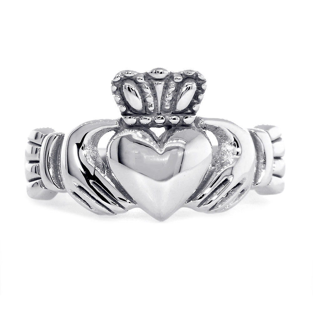 Ladies Claddagh Wedding Ring in 14k White Gold