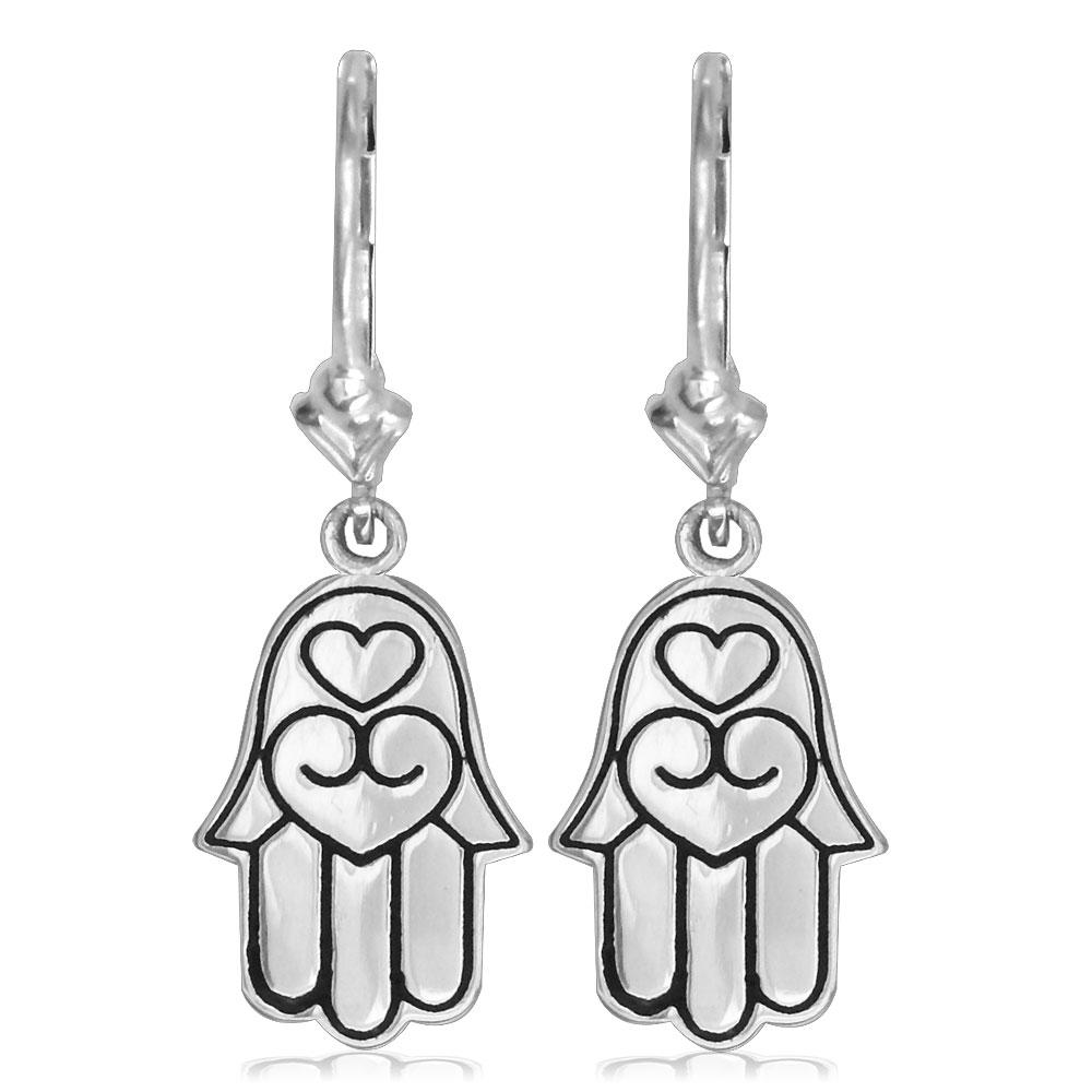 Small Hamsa, Hand of God Charm Earrings with Black in Sterling Silver
