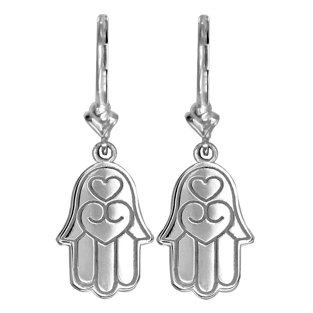 Small Hamsa, Hand of God Charm Earrings in 14k White Gold
