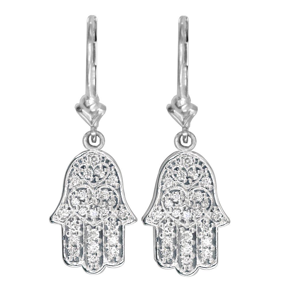 Small Hamsa, Hand of God Charm Earrings in 14k White Gold and Cubic Zirconias