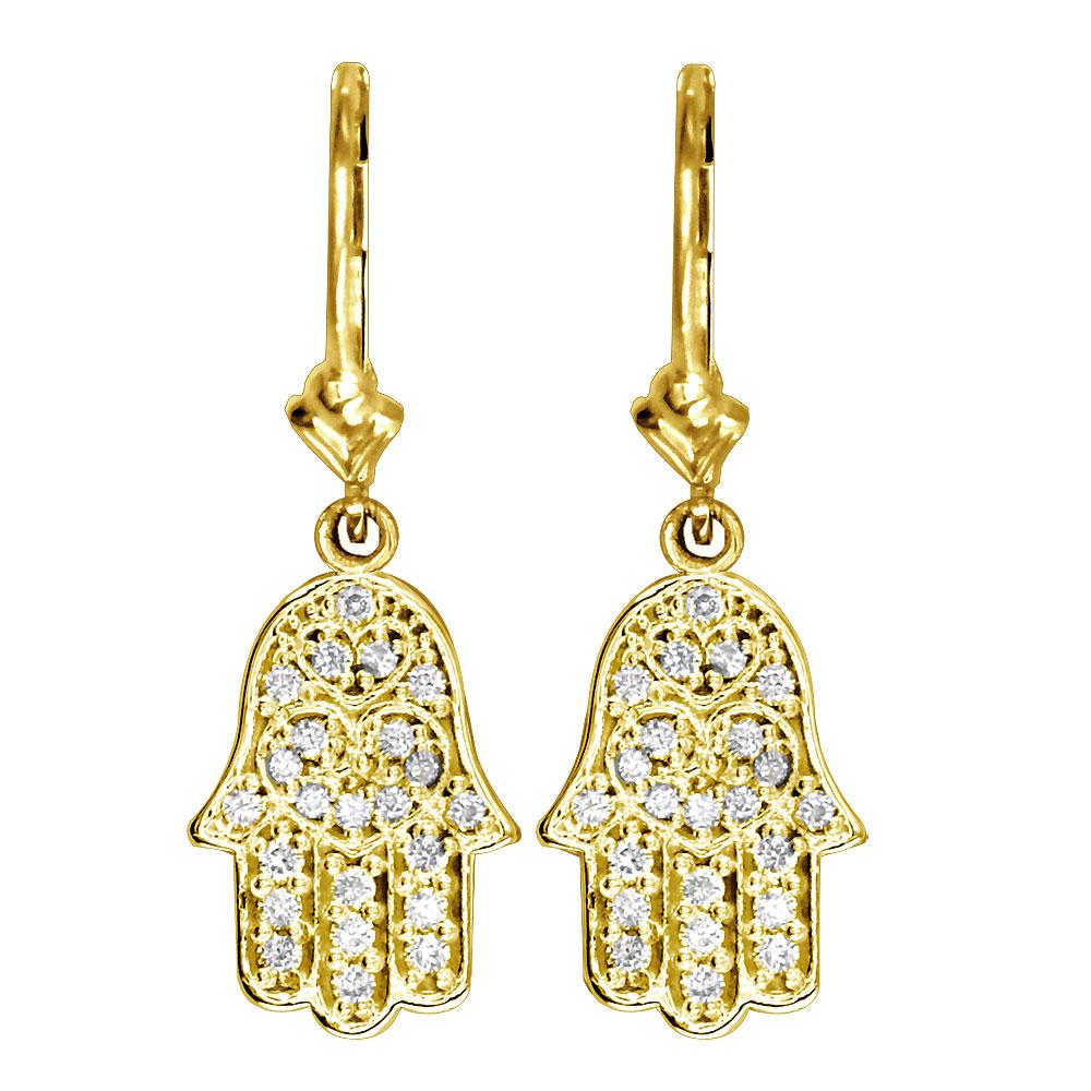 Small Diamond Hamsa, Hand of God Charm Earrings, 0.50CT in 14k Yellow Gold
