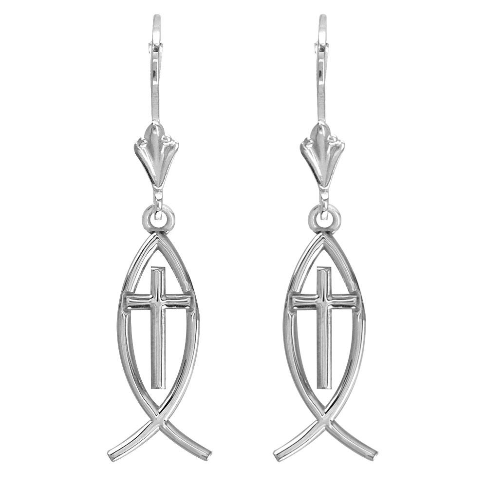 Small Fish with Cross Charm Earrings in Sterling Silver