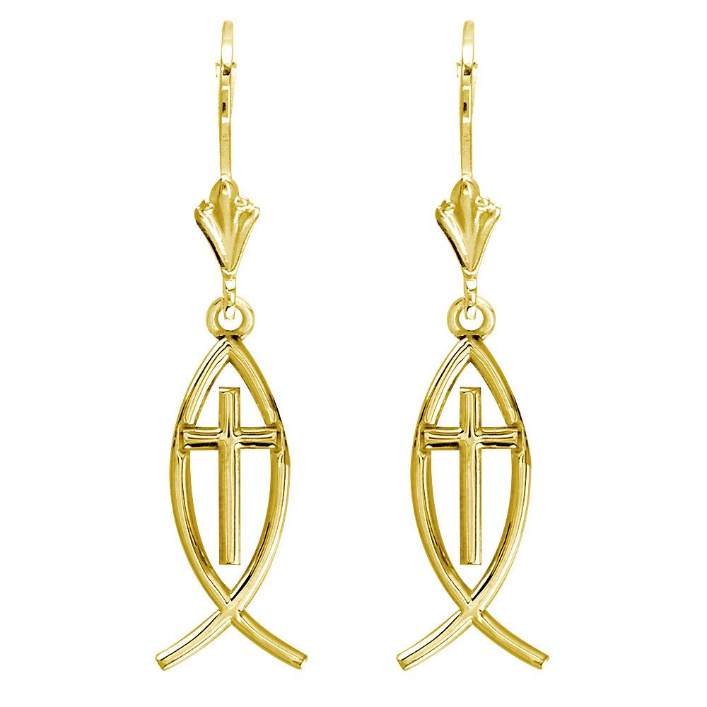 Small Fish with Cross Charm Earrings in 14k Yellow Gold